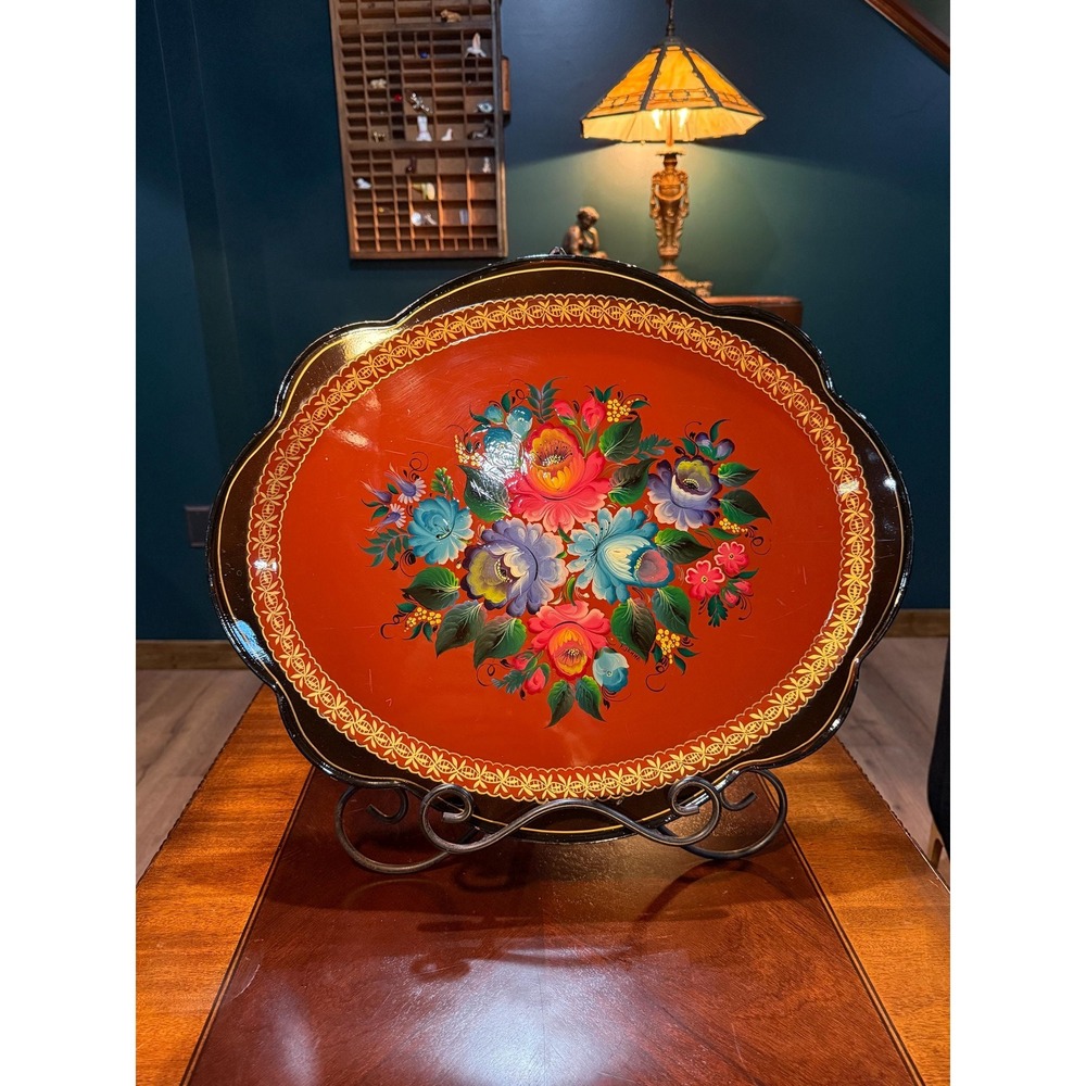 Vintage‎ Zhostovo Hand Painted Metal Tray Signed Kokhna Red Floral Toleware